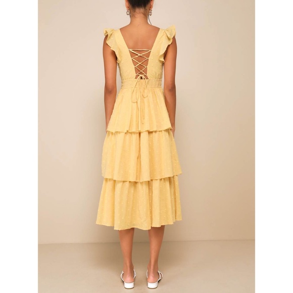 NWT Lulus Charming Decision Yellow Swiss Dot Ruched Tiered Midi Dress XL - Picture 3 of 15